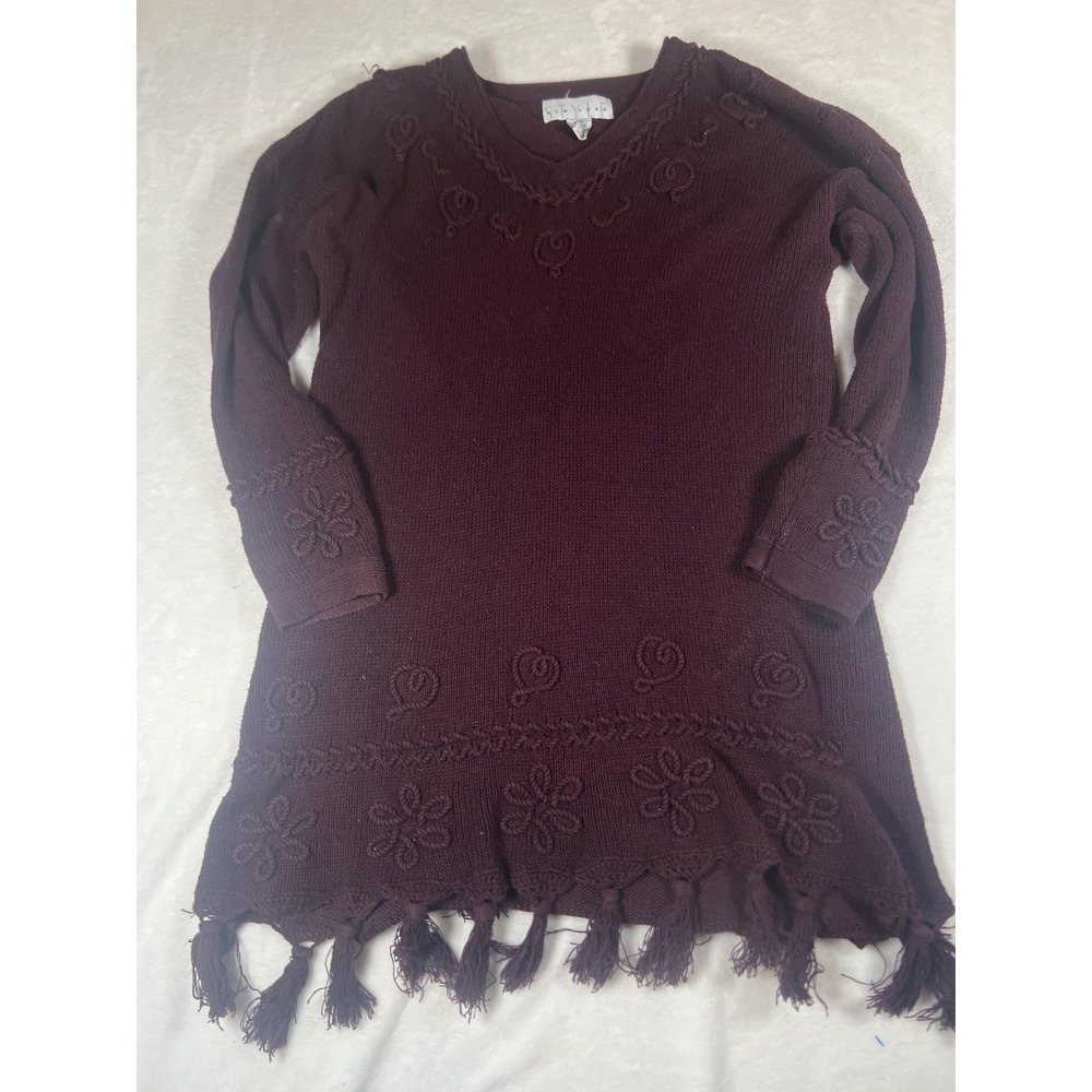 Style New York Sweater Tunic Womens Medium Purple Floral Tassel Hem Knit Hippie‎